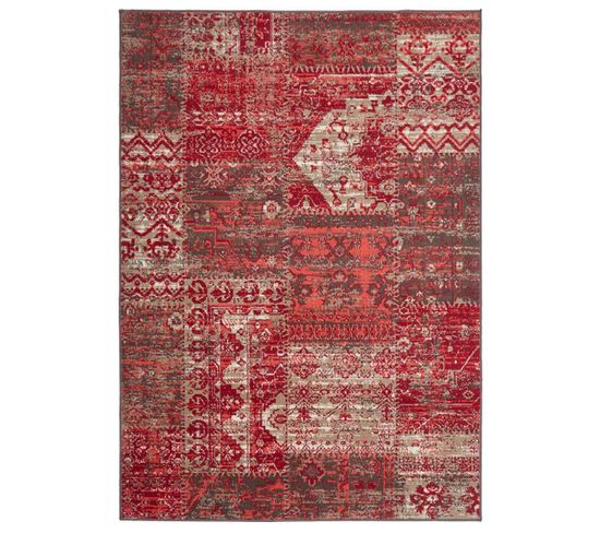 Tapis Grand Salon 270x370 Tissé Rouge Rectangle Motif Ethnique Af1 Patwork