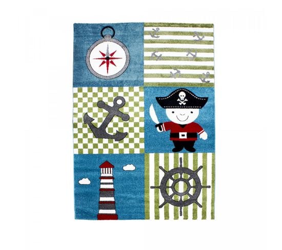 Tapis Enfant 160x230 Rectangle Tissé Bleu Et Vert Kid Pirate