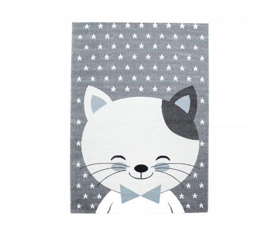 Tapis Enfant 160x230 Kid Chat Bleu, Gris, Blanc