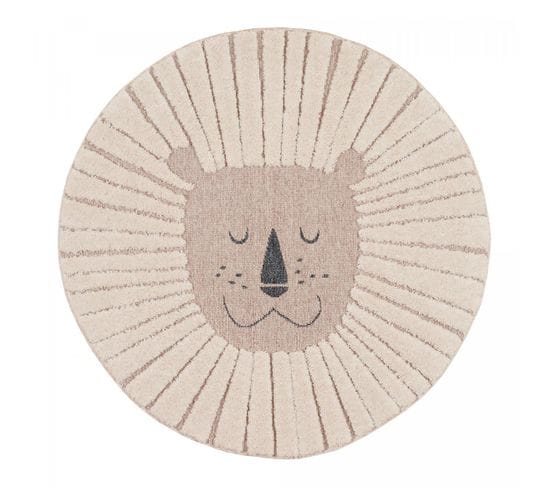 Tapis Enfant Ø120cm Rond Tissé Beige Et Blanc Motif Animaux Liona