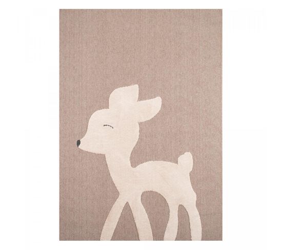 Tapis Enfant 80x150 Tissé Beige Et Blanc Motif Animaux Bambi