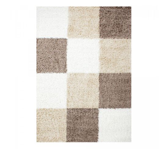 Tapis Poils Longs Shaggy 60x110 Rectangle Tissé Beige Et Marron Motif Damier