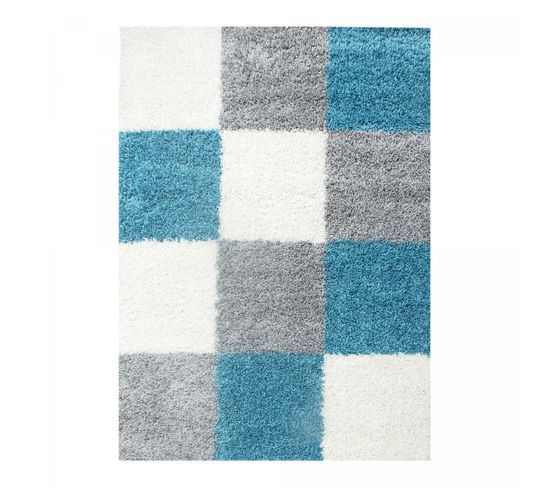 Tapis Shaggy 80x250 Carré à Bleu Ciel, Gris, Crème