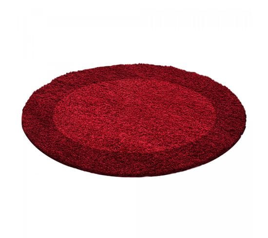 Tapis Shaggy 160x160 Rond Bordure Rouge Clair , Rouge Foncé