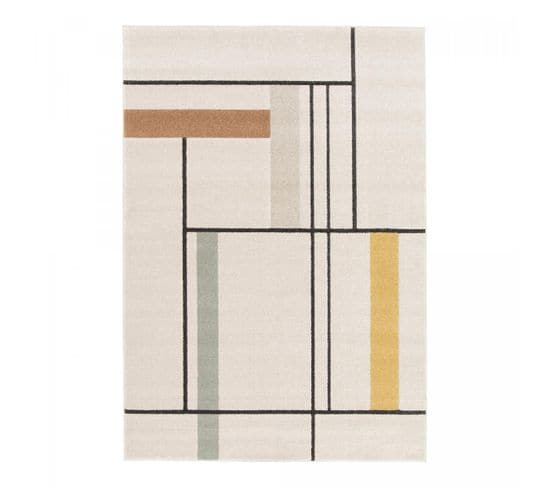 Tapis Chambre 120x170 Tissé Beige Et Jaune Rectangle Motif Géométrique Contemrec