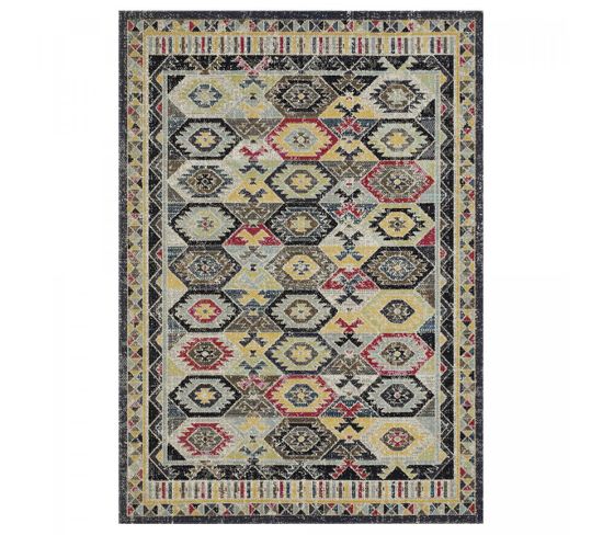 Tapis Chambre 120x170 Tissé Gris Et Bleu Rectangle Motif Oriental Joki