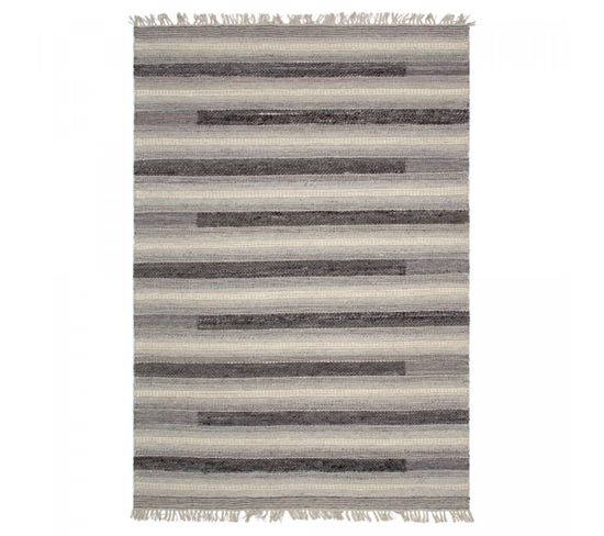 Tapis Kilim 160x230 Rectangle Fait Main En Pet Gris Et Noir Motif Géométrique