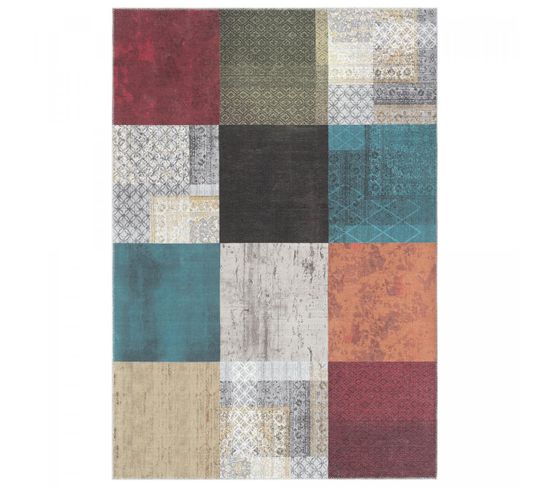 Tapis Salon 140x200 Tissé En Coton Gris Et Bordeaux Rectangle Motif Damier Carral