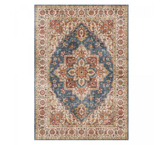 Tapis Salon 120x160 Tissé Bleu Et Marron Rectangle Motif Oriental Vivace 1