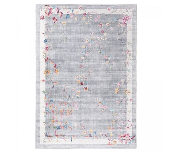 Tapis Salon 120x170 Tissé Gris Clair Et Gris Foncé Rectangle Motif Floral