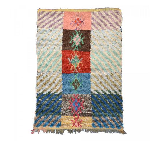 Authentique Tapis Berbère 125x195 Fait Main En Tissu Recyclé Bleu Et Rouge Boucharouette 62