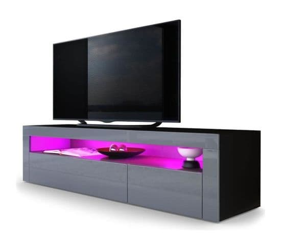 Meuble TV  Noir Mat Façades Gris Laqué + LED 155 X 46 X 40 Cm