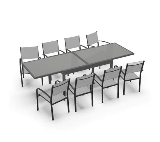 Table De Jardin Extensible Aluminium 270cm + 8 Fauteuils Empilables Textilène Anthracite Gris - Lio