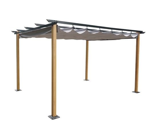 Tonnelle/pergola En Aluminium 3x4m Toile Coulissante Rétractable - Bois Et Gris - Hawai