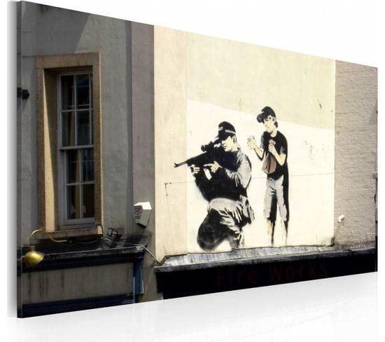 Tableau Tireur Et Garçon, Banksy 60 X 40 Cm Blanc