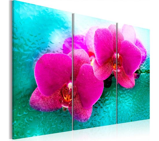 Tableau Turquoise Et Orchidée 120 X 80 Cm Rose