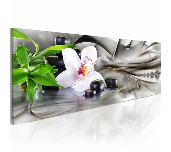 Tableau Composition Zen Bambou, Orchidée Et Pierres 135 X 45 Cm Blanc