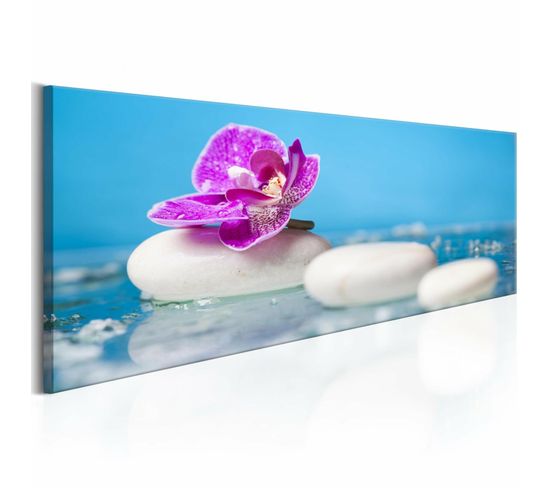 Tableau Orchidée Rose Et Pierres Zen Blanches 150 X 50 Cm Bleu