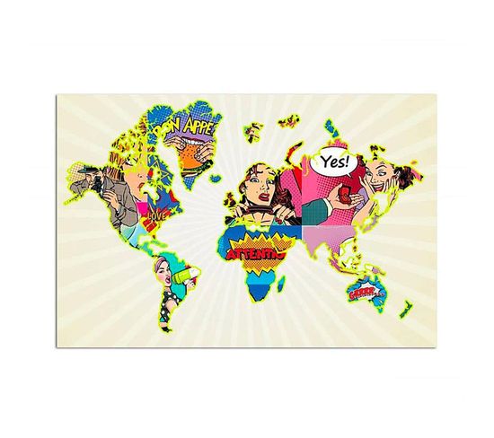 Tableau Pop Art Carte Du Monde 120 X 80 Cm Multicolore