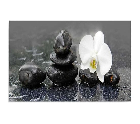 Tableau Pierres Zen Et Orchidée 100 X 70 Cm Noir