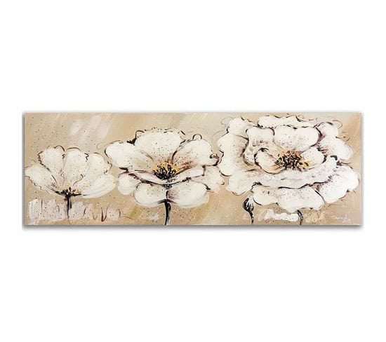 Tableau Panorama Sur L'image Toile Toile Trois Fleurs Blanches 90 X 30 Cm Beige