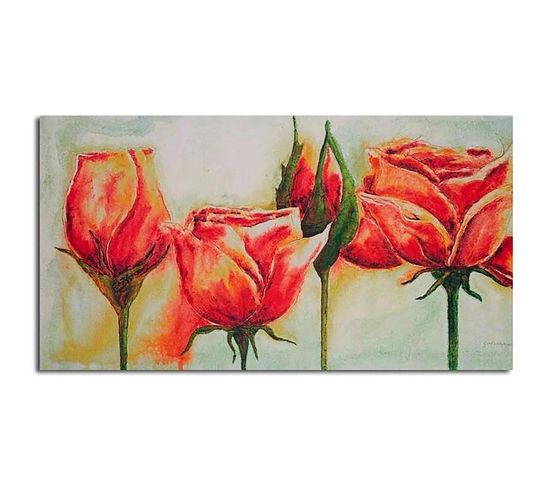 Tableau Fleurs Roses 50 X 40 Cm Rouge