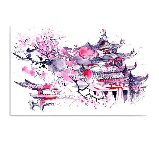 Tableau Paysage Japonais 80 X 60 Cm Rose