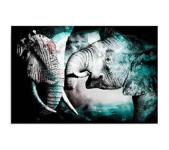 Tableau Bienvenue Éléphants 2 80 X 60 Cm Bleu