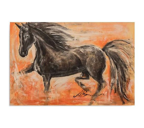 Tableau Cheval Noir 1 40 X 30 Cm Orange