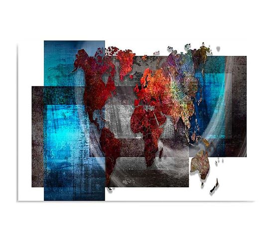 Tableau Bois La Composition D'une Carte Du Monde 120 X 80 Cm Bleu