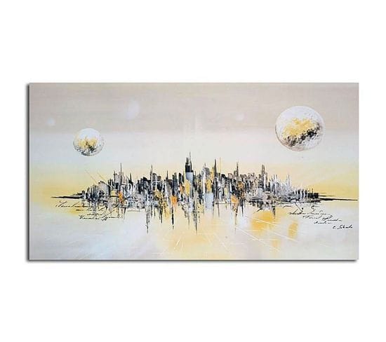 Tableau Bois Ville De L'avenir 70 X 50 Cm Beige