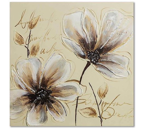 Tableau Bois Fleurs 7 40 X 40 Cm Beige