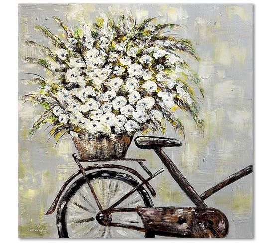 Tableau Bois Fleurs Sur Un Vélo 60 X 60 Cm Blanc