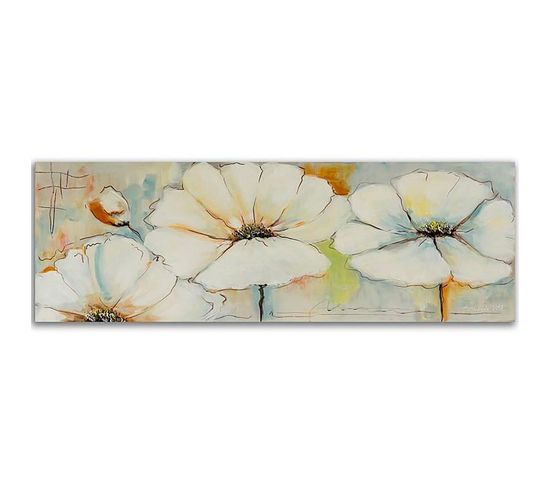 Tableau Bois Panorama, Deux Fleurs Et Bourgeons 120 X 40 Cm Beige