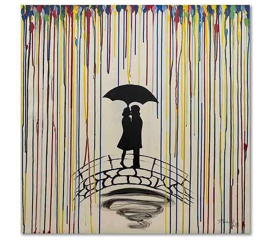 Tableau Bois Couple Sous Le Parapluie 20 X 20 Cm Blanc