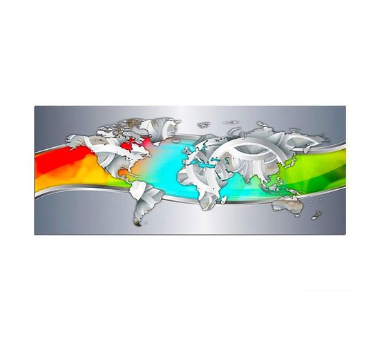 Tableau Bois Carte Argent Du Monde 100 X 50 Cm Blanc