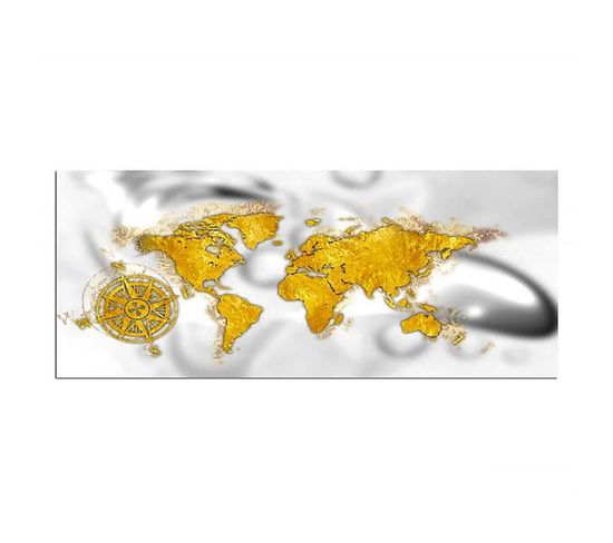 Tableau Bois Carte Du Monde Avec L'or Rose De La Boussole 140 X 45 Cm Jaune