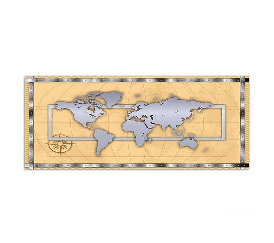 Tableau Bois Carte Du Monde - Argent 100 X 50 Cm Beige