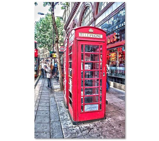 Tableau Bois Londres - Cabines Telephoniques A R Kulik 60 X 80 Cm Rouge