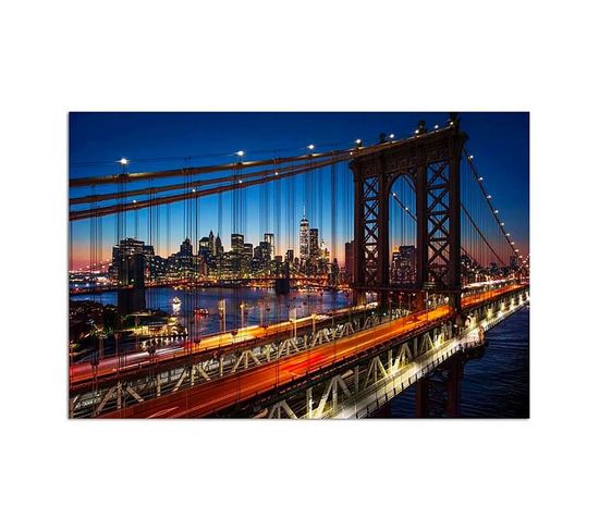 Tableau Bois Coucher De Soleil Sur Le Pont De Brooklyn 80 X 60 Cm Bleu