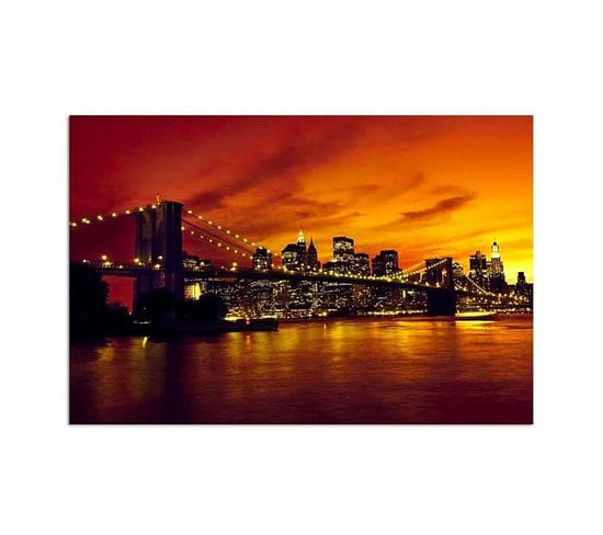 Tableau Bois Pont De Brooklyn Et Manhattan Au Coucher Du Soleil 120 X 80 Cm Orange