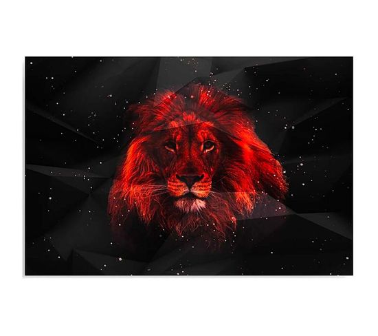 Tableau Bois Lion Dans L'obscurite 40 X 30 Cm Rouge