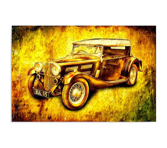 Tableau Bois Voiture Rétro 80 X 60 Cm Jaune