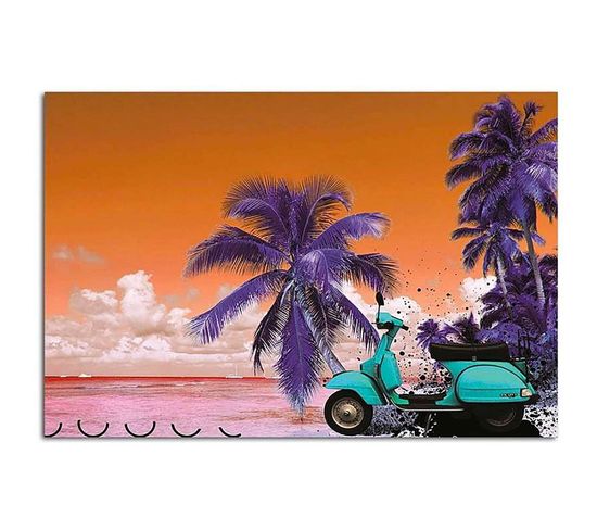 Tableau Bois Scooter Sur La Plage 100 X 70 Cm Orange