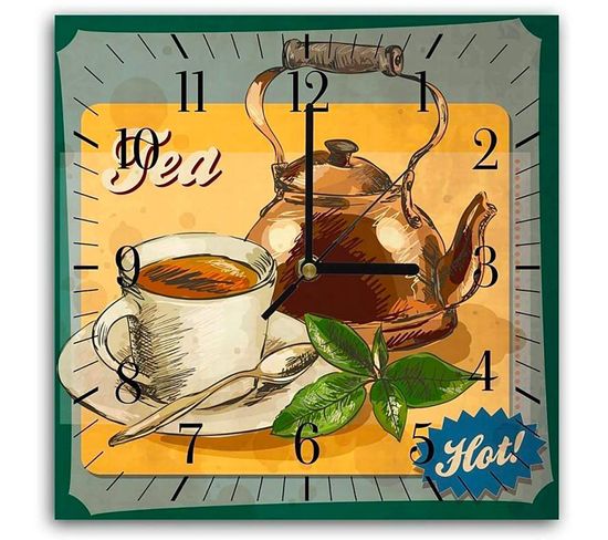 Horloge Murale Conviviale Illustration Théière Et Tasse 60 X 60 Cm Marron