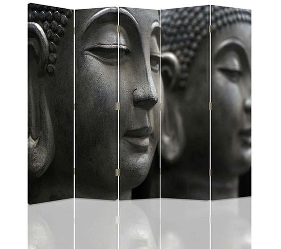 Paravent Buddha Zen 5 Volets, Décoration Intérieure Apaisante 180 X 150 Cm - 1 Face Déco Gris