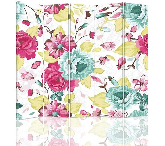 Paravent Floral Vintage 5 Panneaux Pour Intérieur Élégant 180 X 150 Cm - 1 Face Déco Blanc