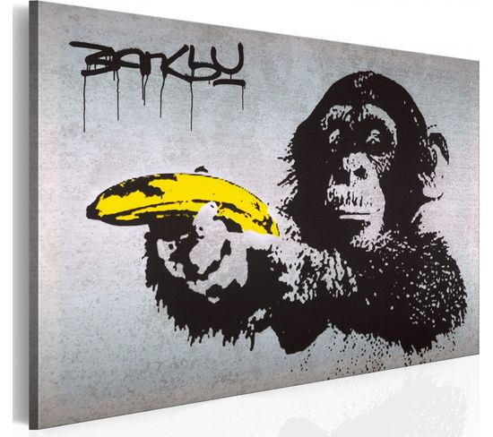 Tableau Arrête Ou Le Singe Va Tirer !, Banksy 90 X 60 Cm Gris