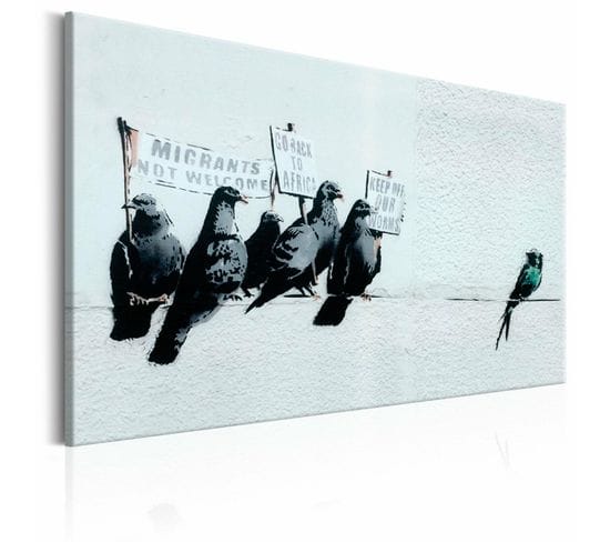 Tableau « Protester Contre Les Oiseaux » Par Banksy 120 X 80 Cm Blanc