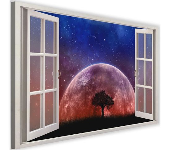 Tableau Fenêtre, La Lune 90 X 60 Cm Bleu